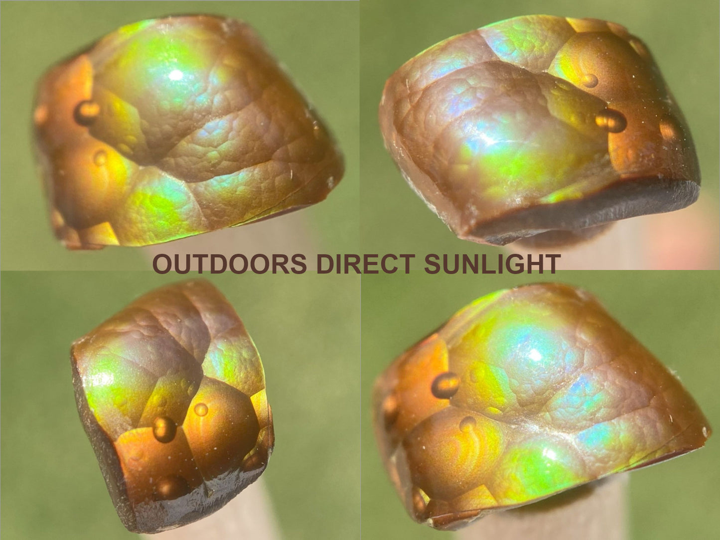 Four views of a colorful Deer Creek fire agate gemstone under outdoor lighting conditions on a green background.