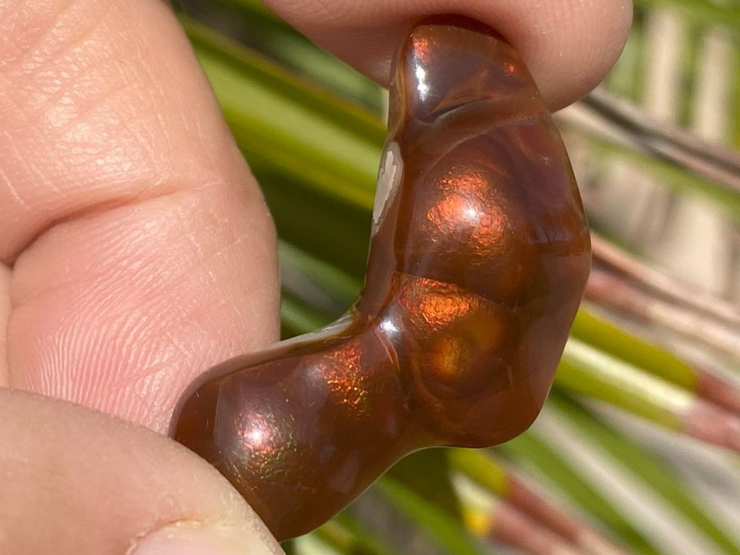 Hand holding a polished Deer Creek fire agate gemstone with a blurred natural background.