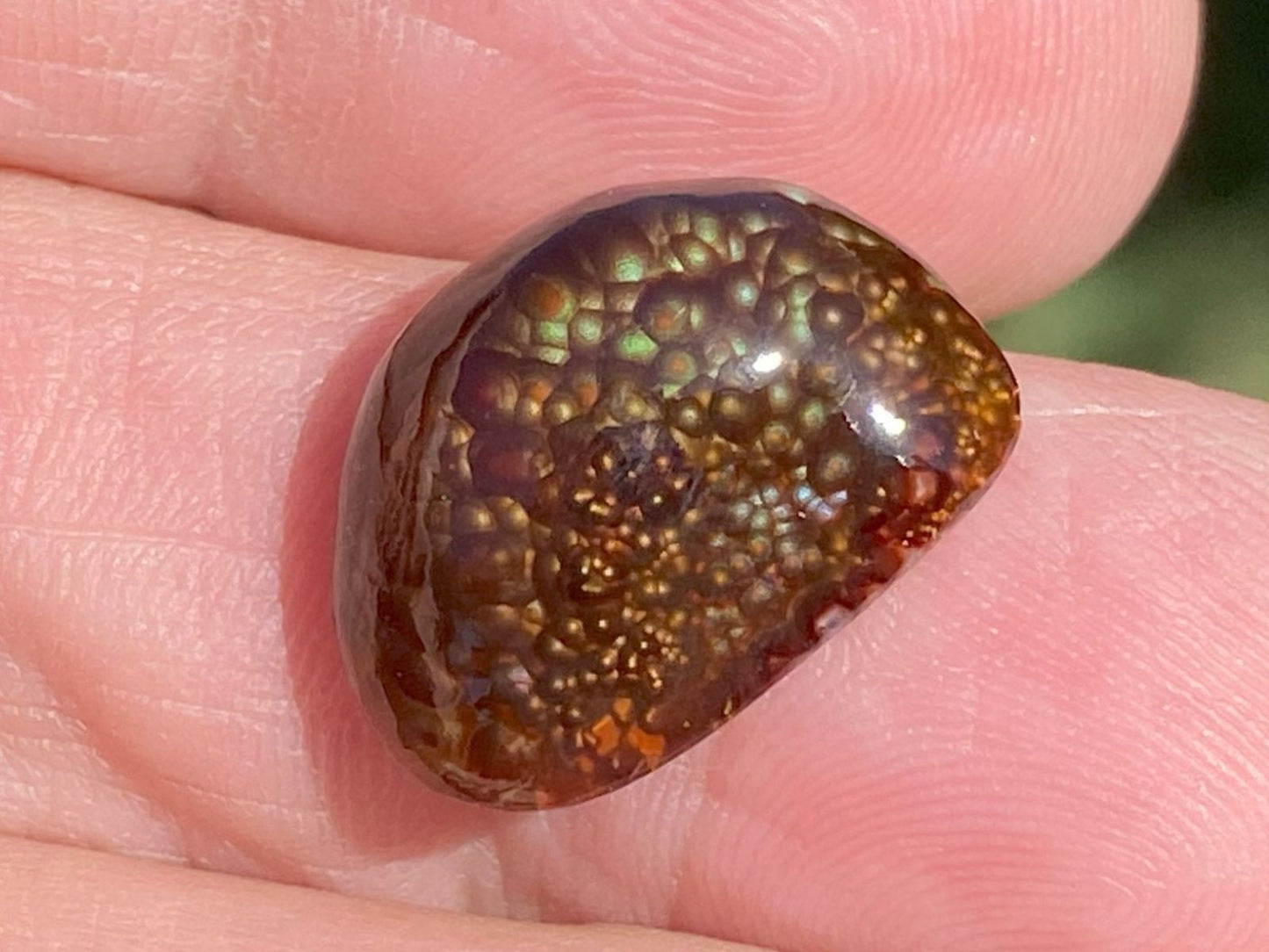 Polished Deer Creek Fire Agate Gemstone held between fingers with a blurred background