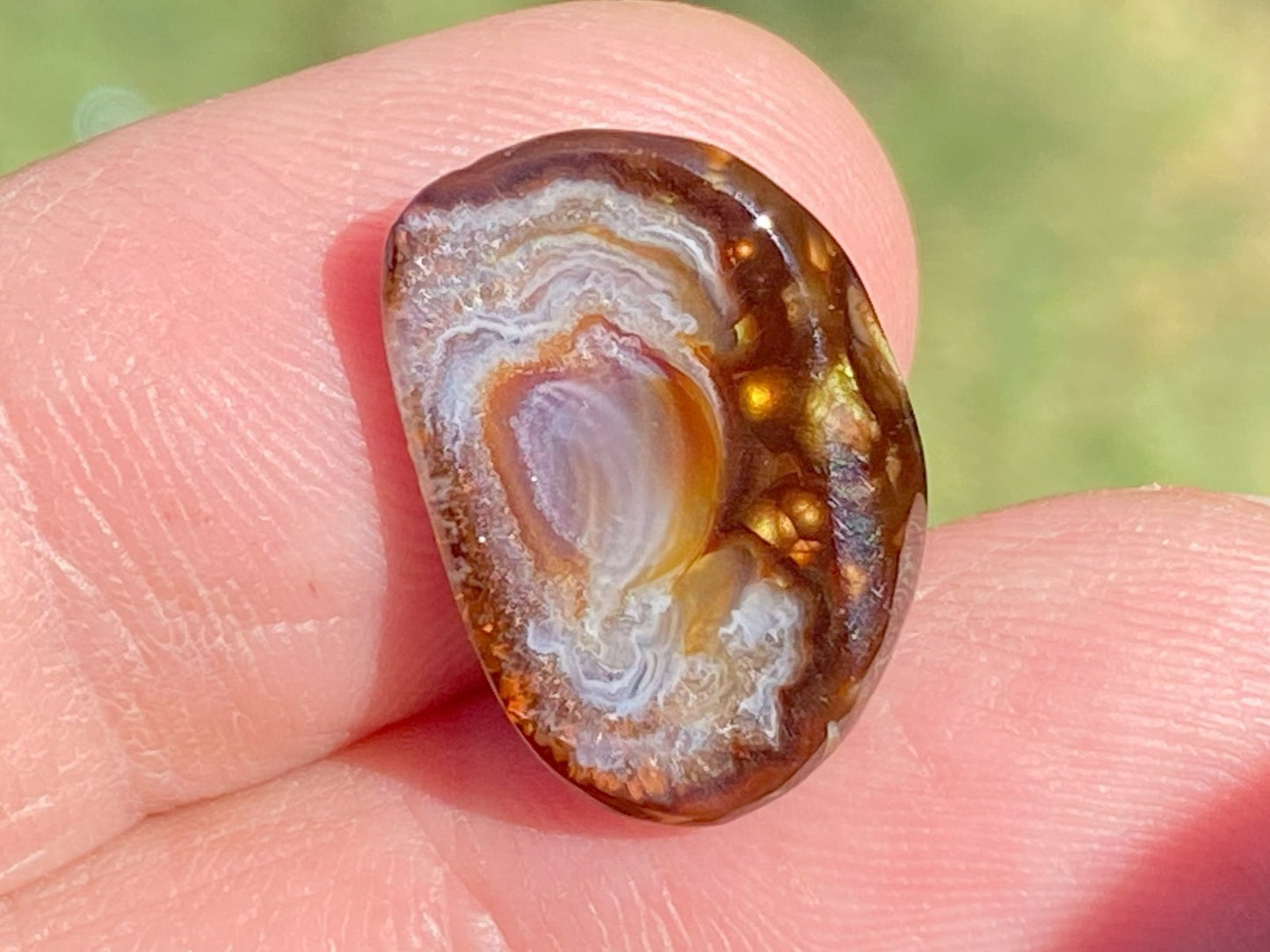 Back side of Agate held between fingers with a blurred green background
