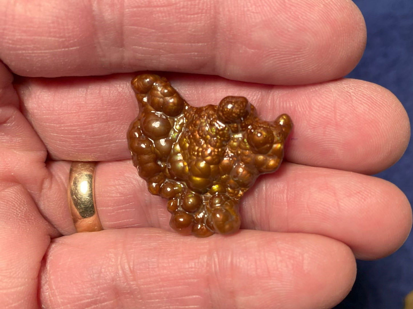 Deer Creek Fire Agate Gemstone Mineral Specimen held between fingers against a blue background
