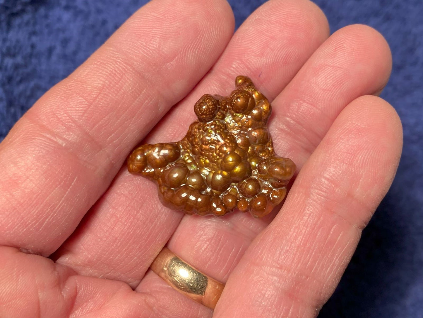 Hand holding a Deer Creek Fire Agate Gemstone Mineral Specimen against a blue background