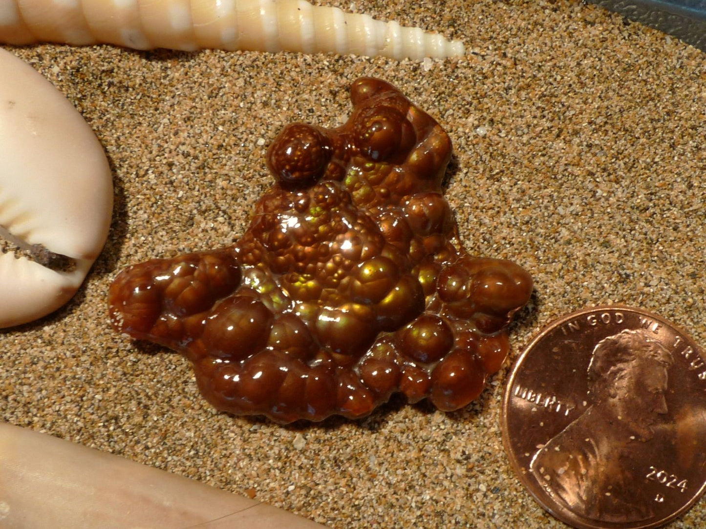 Deer Creek Fire Agate Gemstone Mineral Specimen on sand with a penny for scale