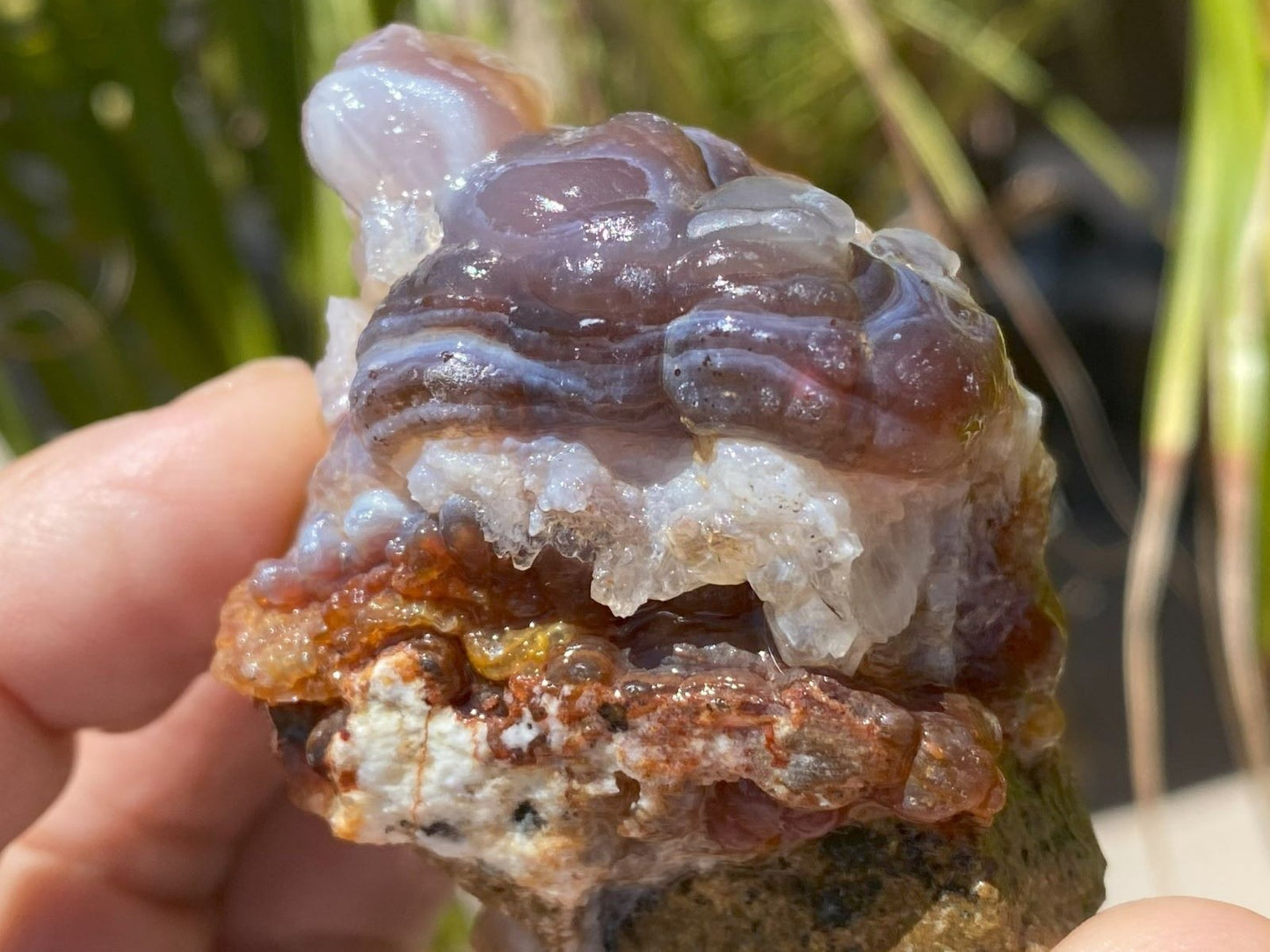 Close-up of a hand holding a colorful Deer Creek fire agate rough crystal formation with a blurred natural background