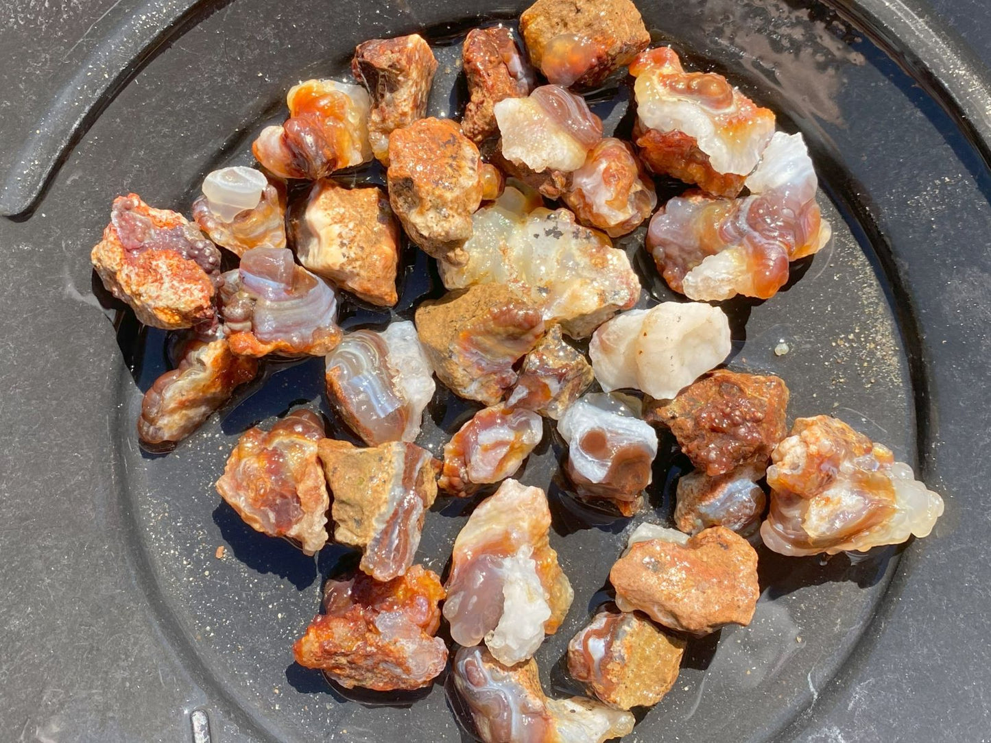 Collection of Deer Creek fire agate rough stones on a dark surface