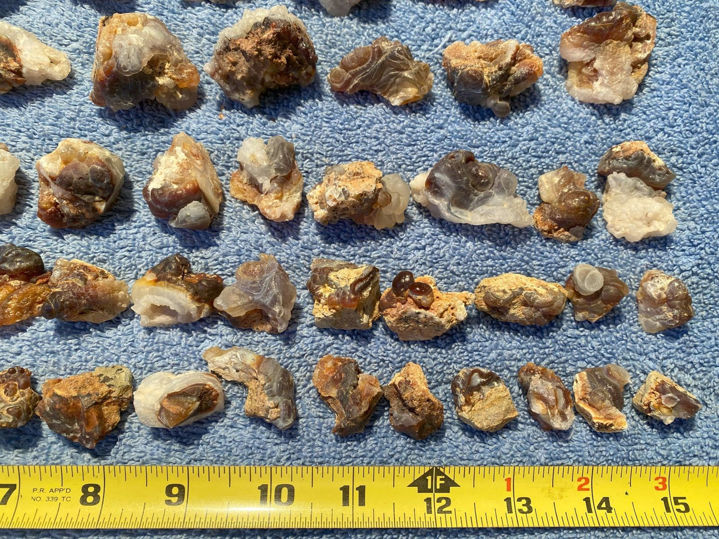 Collection of small rocks and minerals on a blue textured surface with a ruler for scale.