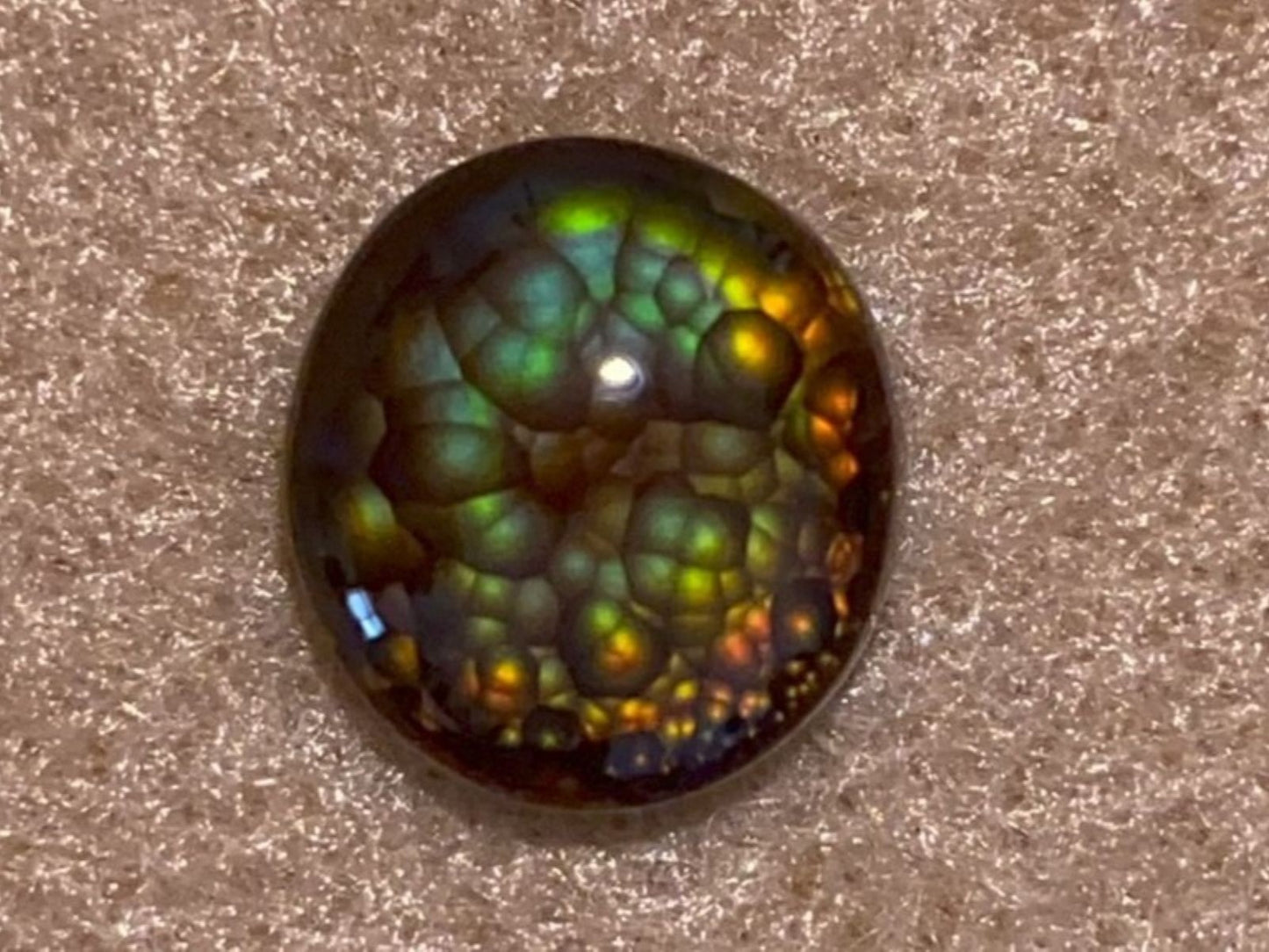 Multicolored Aguascalientes Fire Agate Gemstone on a textured brown background