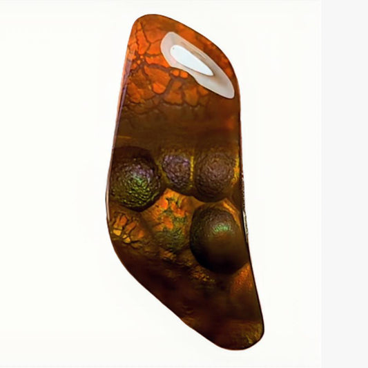 Fire Agate Gemstone with a brown and orange pattern on a white background
