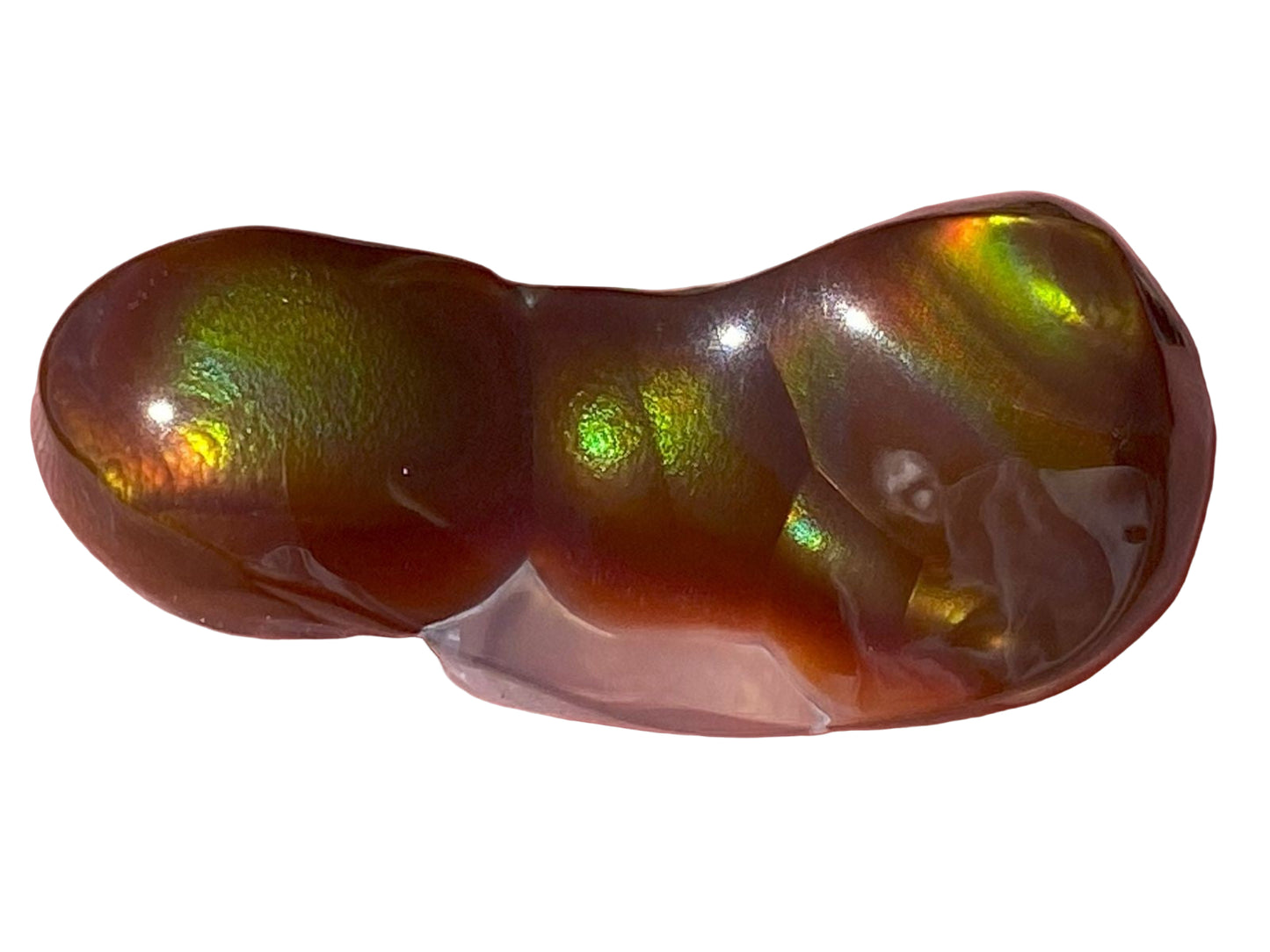 Multicolored Aguascalientes fire agate gemstone on a white background
