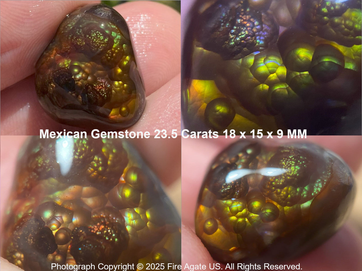 Close-up of a Mexican fire agate gemstone with visible text detailing its weight, size, and ownership.