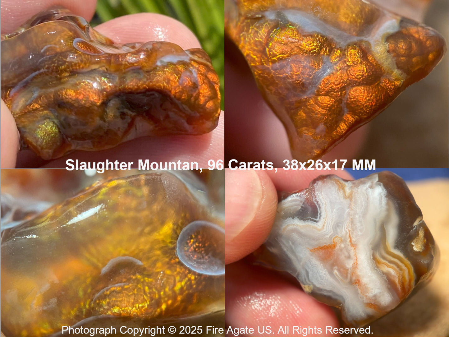 Close-up of a Fire Agate stone with visible text and copyright notice.