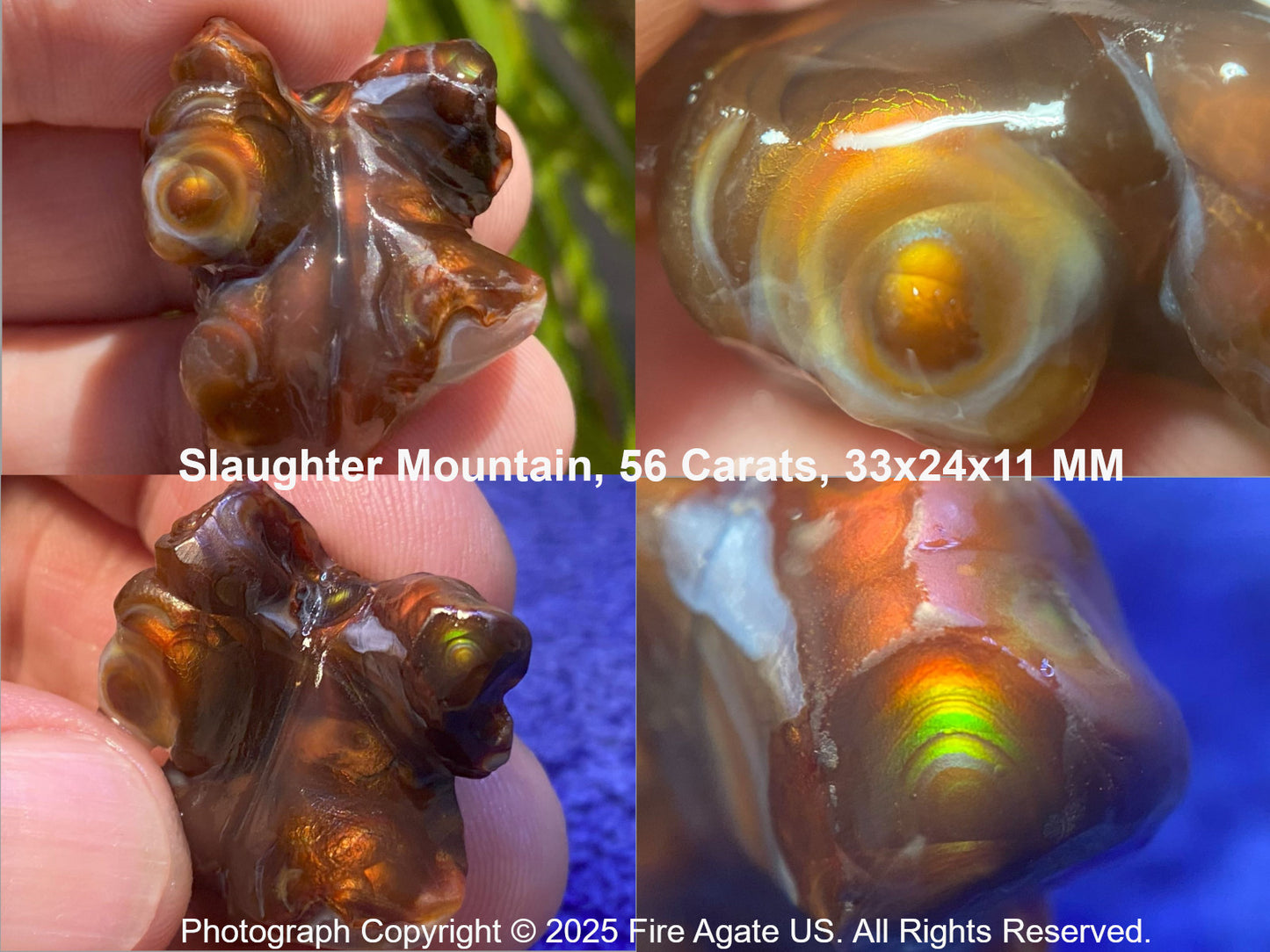 Fire Agate stone held in hand with close-up details, labeled 'Slaughter Mountain' and '56 Carats'.