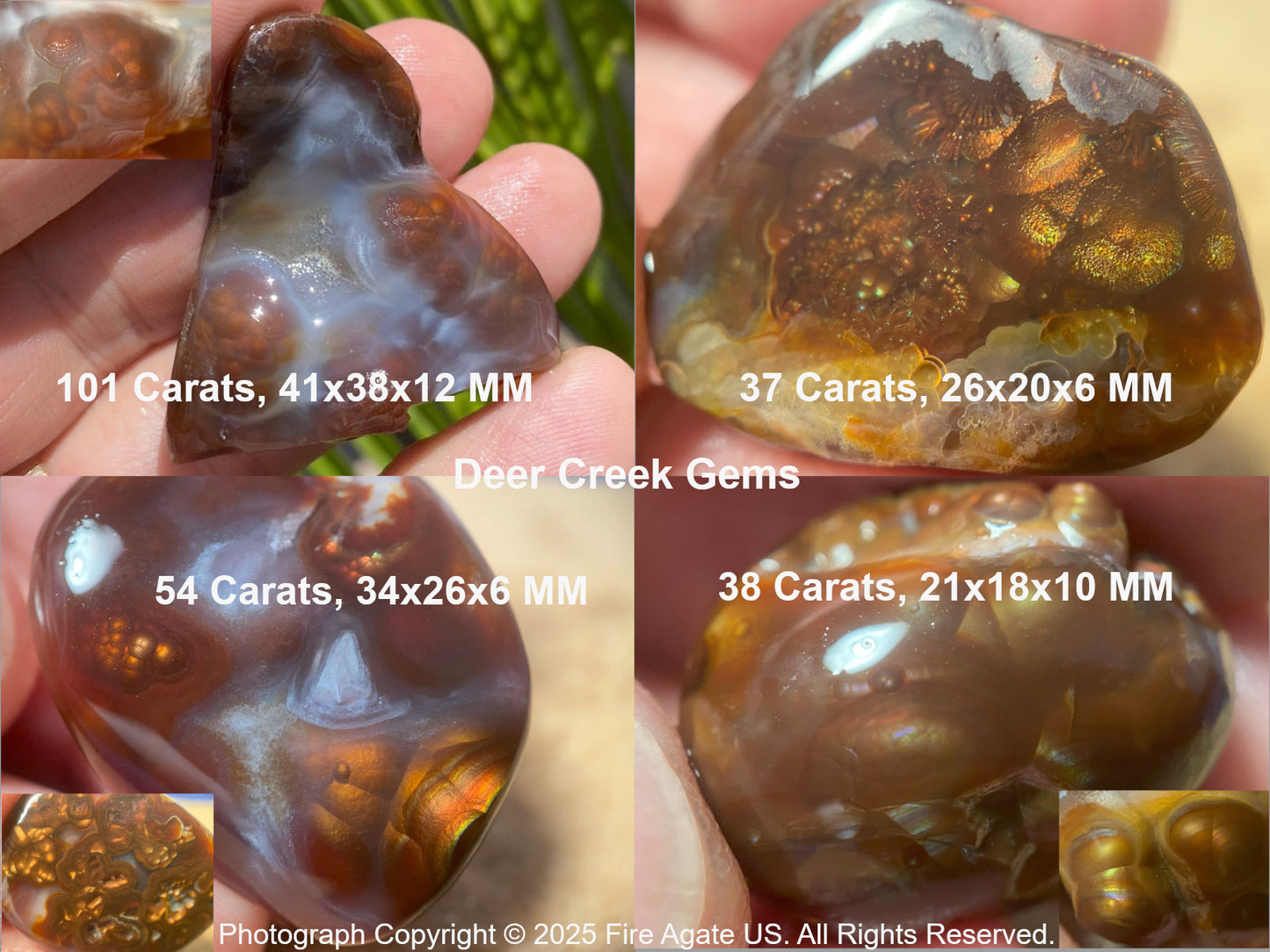 Collection of fire agates with measurements and 'Deer Creek Gems' branding.