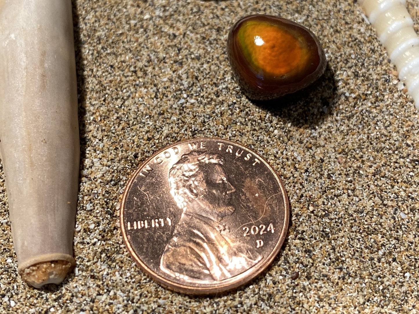 Penny on sand with a shell and Slaughter Mountain Fire Agate Gemstone in the background