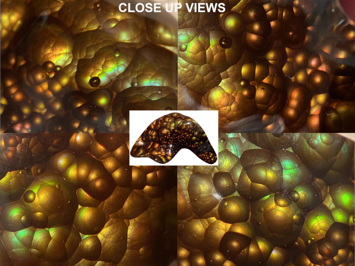 Close-up views of a textured surface of a Slaughter Mountain fire agate gemstone with a magnified inset showing a specific area.
