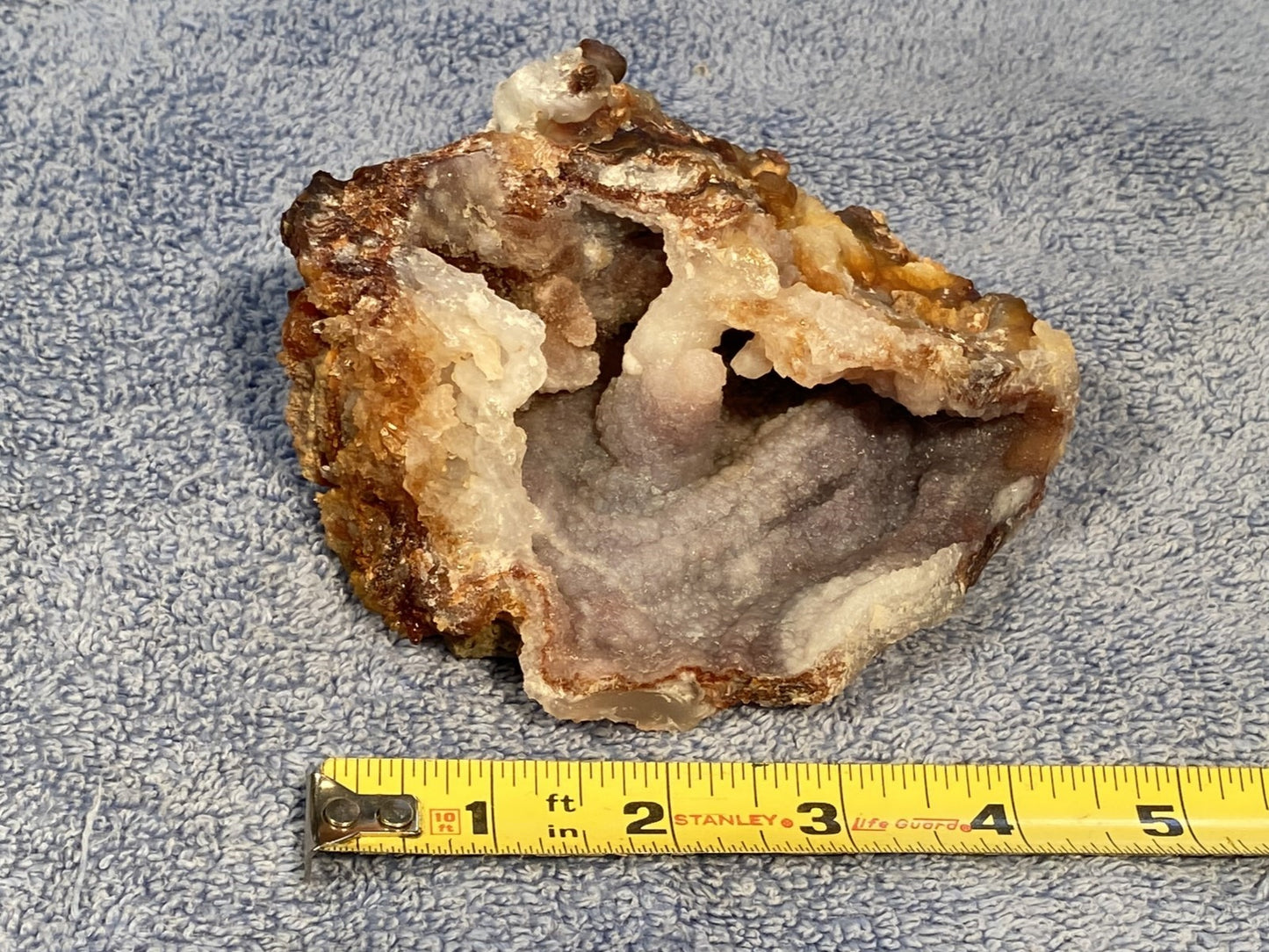 Slaughter Mountain Fire Agate Mineral Specimen with a measuring tape for scale on a textured gray background