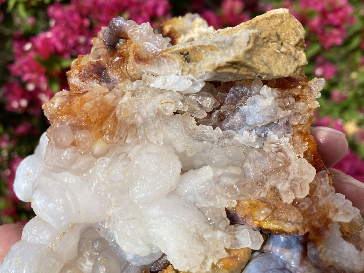 Mineral sample with crystals held by a hand against a blurred floral background
