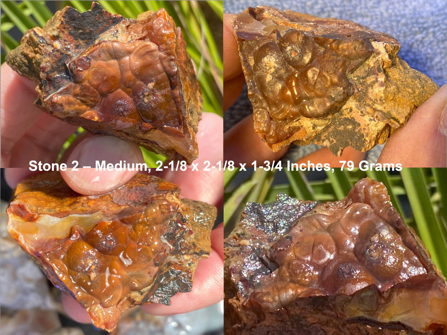 Collage of a rough fire agate stone held in hands with measurements and weight displayed.