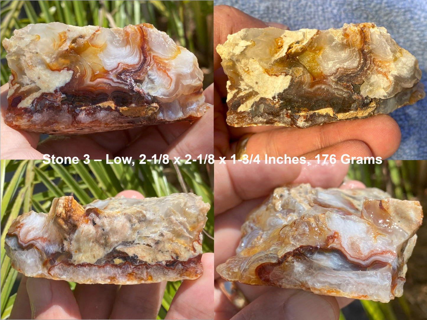 Four views of a piece of fire agate rough held in hands with descriptive text overlay.