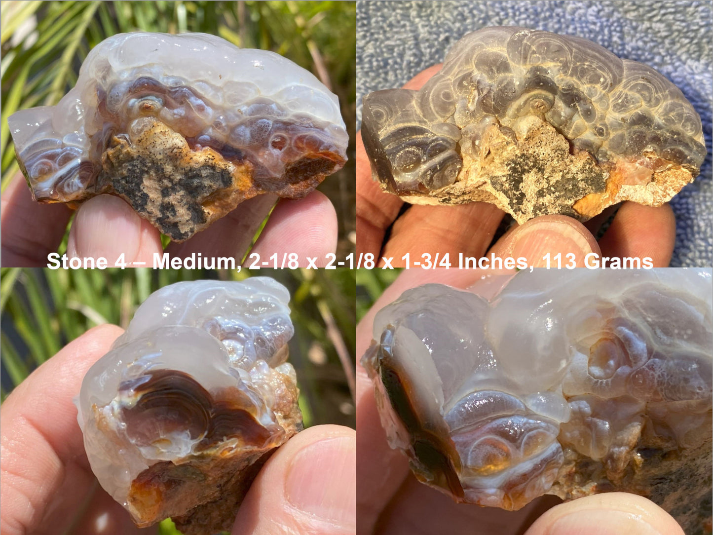 Close-up of a translucent fire agate stone held in hands with text describing its dimensions and weight.
