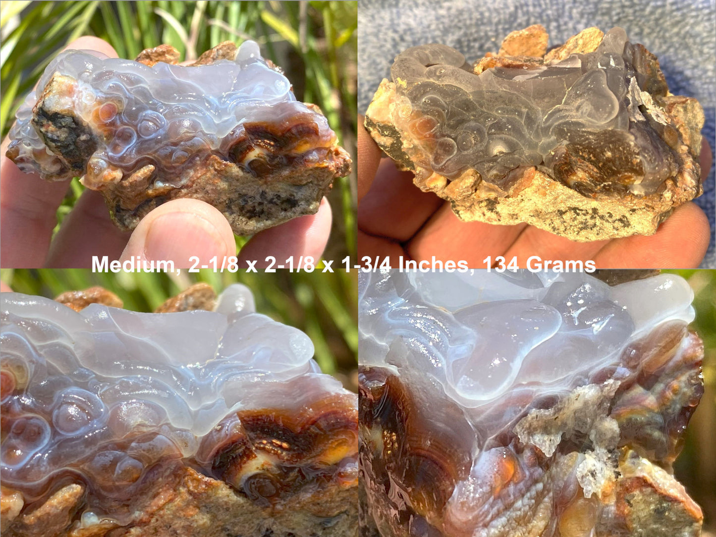 Close-up of a piece of Slaughter Mountain fire agate rough held in hands with text indicating size and weight.
