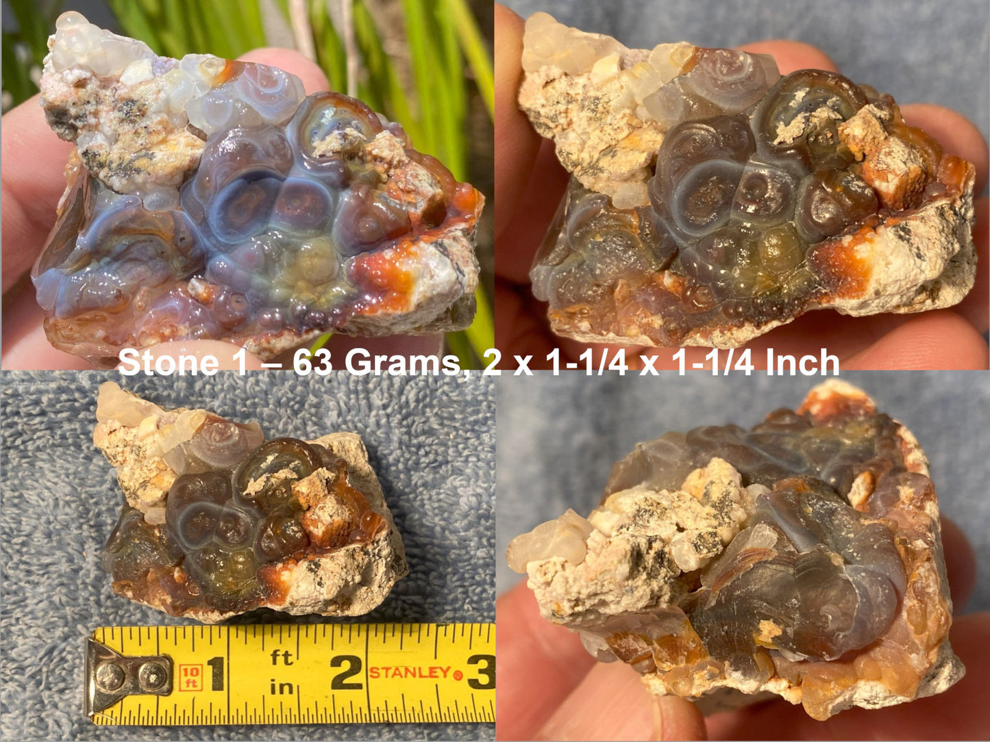 Slaughter Mountain fire agate rough with measurements and weight details