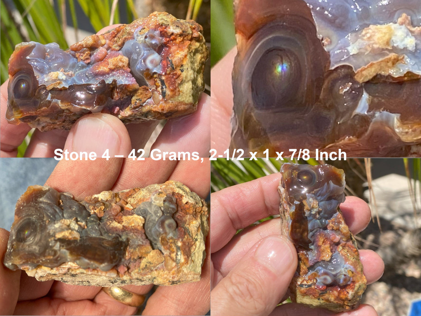 Raw stone sample held in hand with measurements displayed