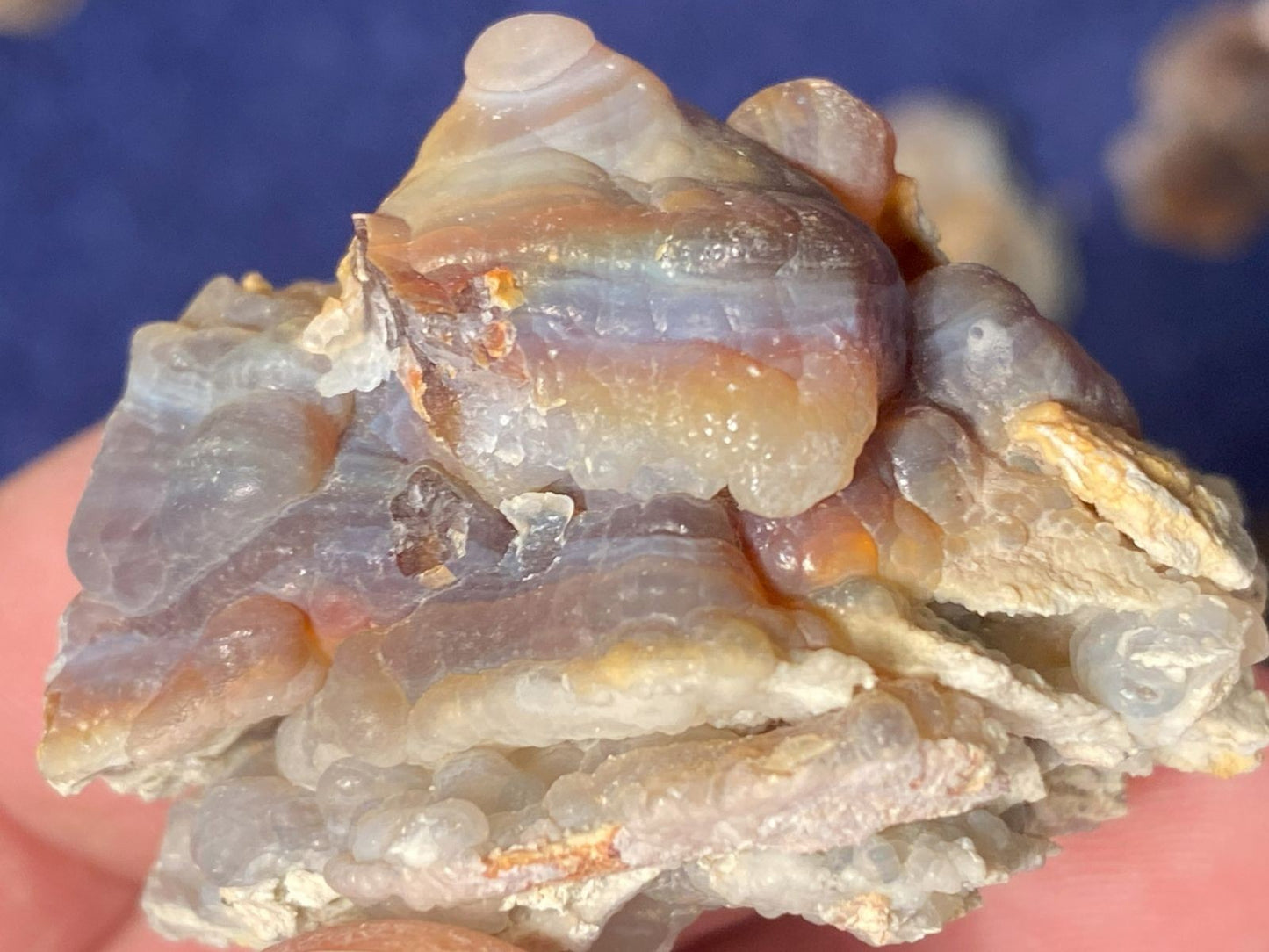 Close-up of a crystal or mineral specimen held in hand against a blue background
