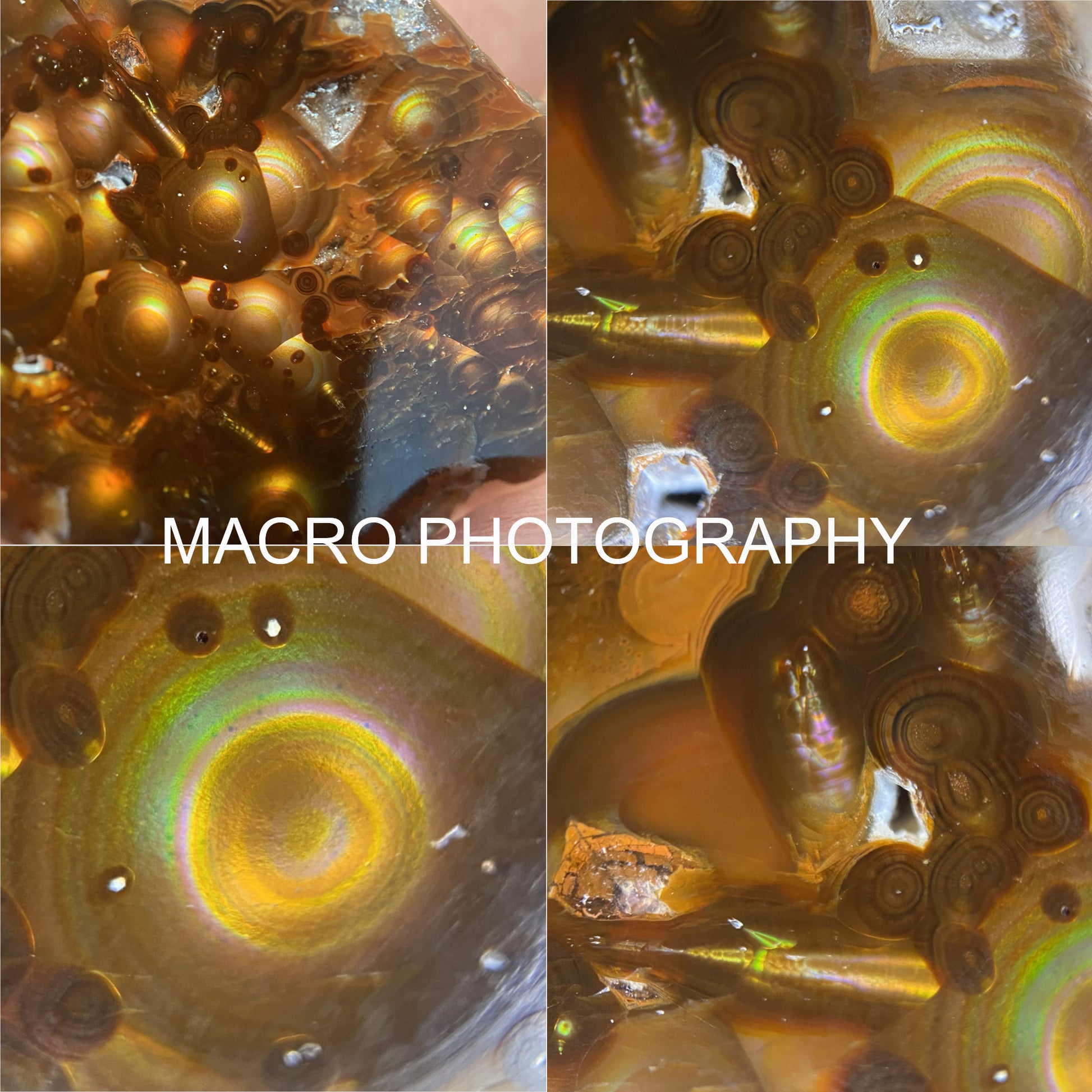 Close-up of a colored fire agate with 'Macro Photography' text overlay