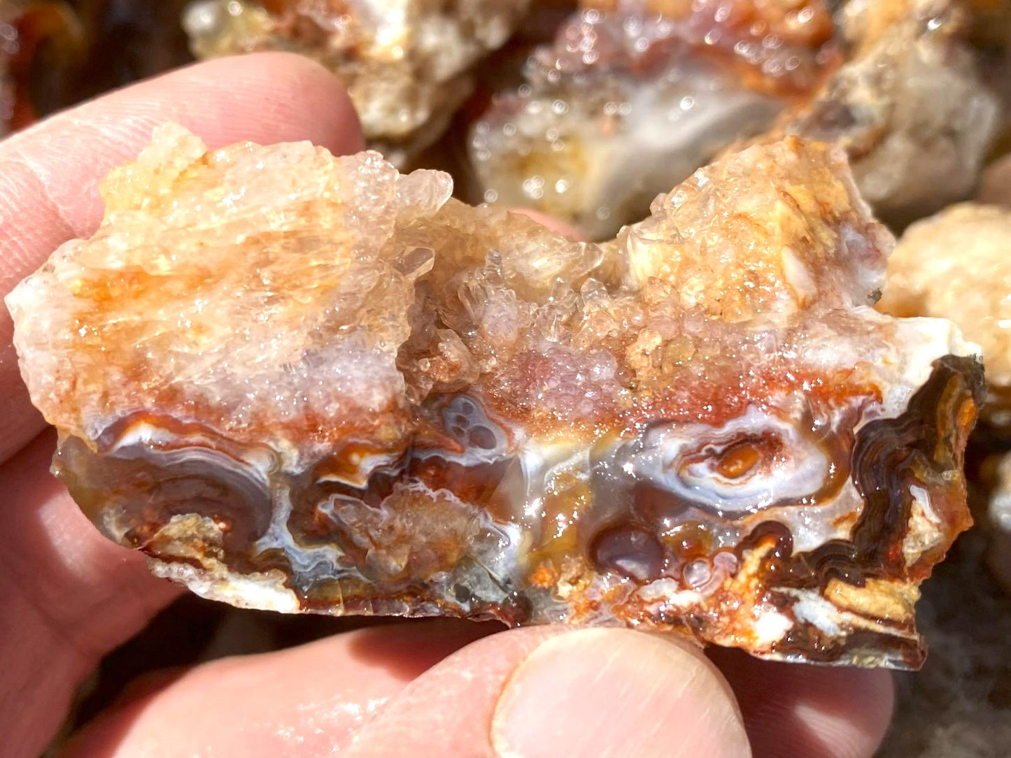 A close-up of a hand holding a rough agate crystal specimen with layered banded patterns in amber, brown, white, and translucent tones.