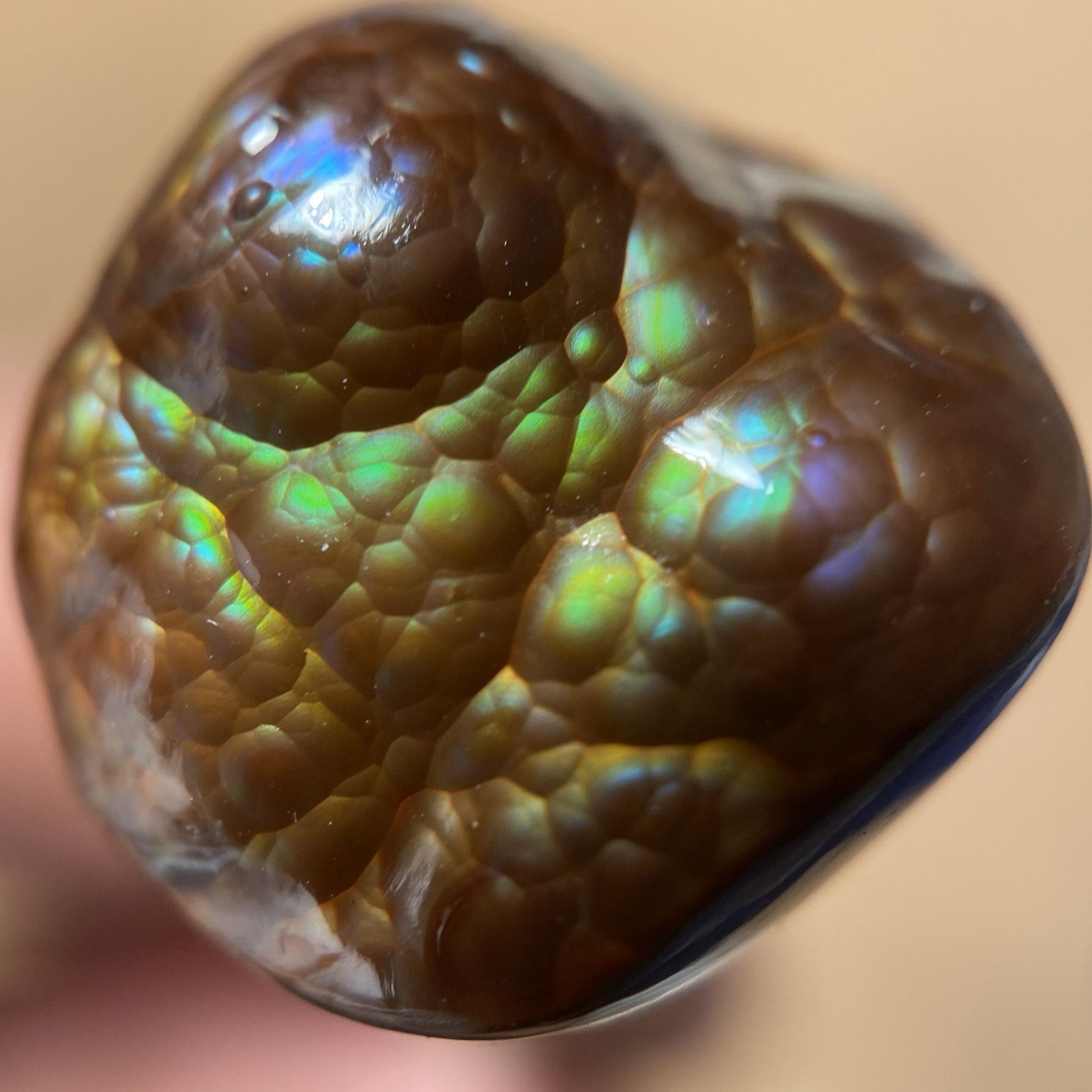 Close-up of a colorful, iridescent stone held in hand against a beige background