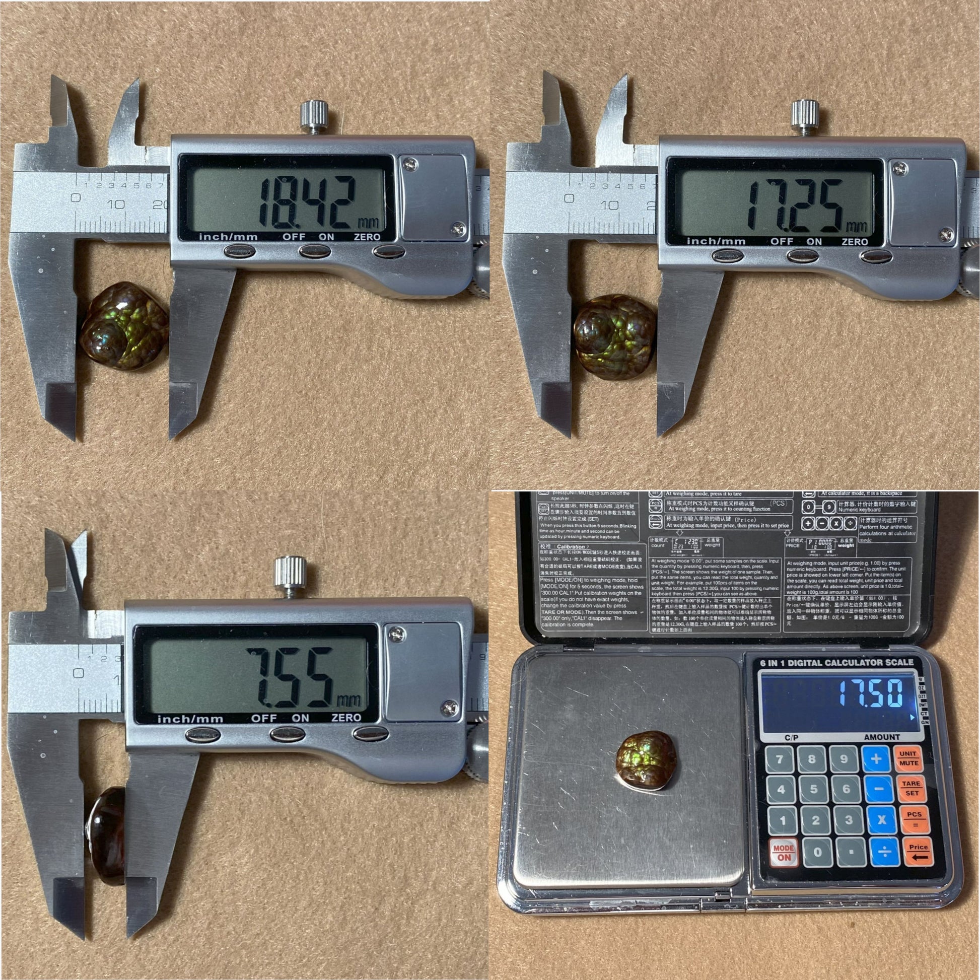 Digital caliper measurements of a small round fire agate gemstone on a brown background