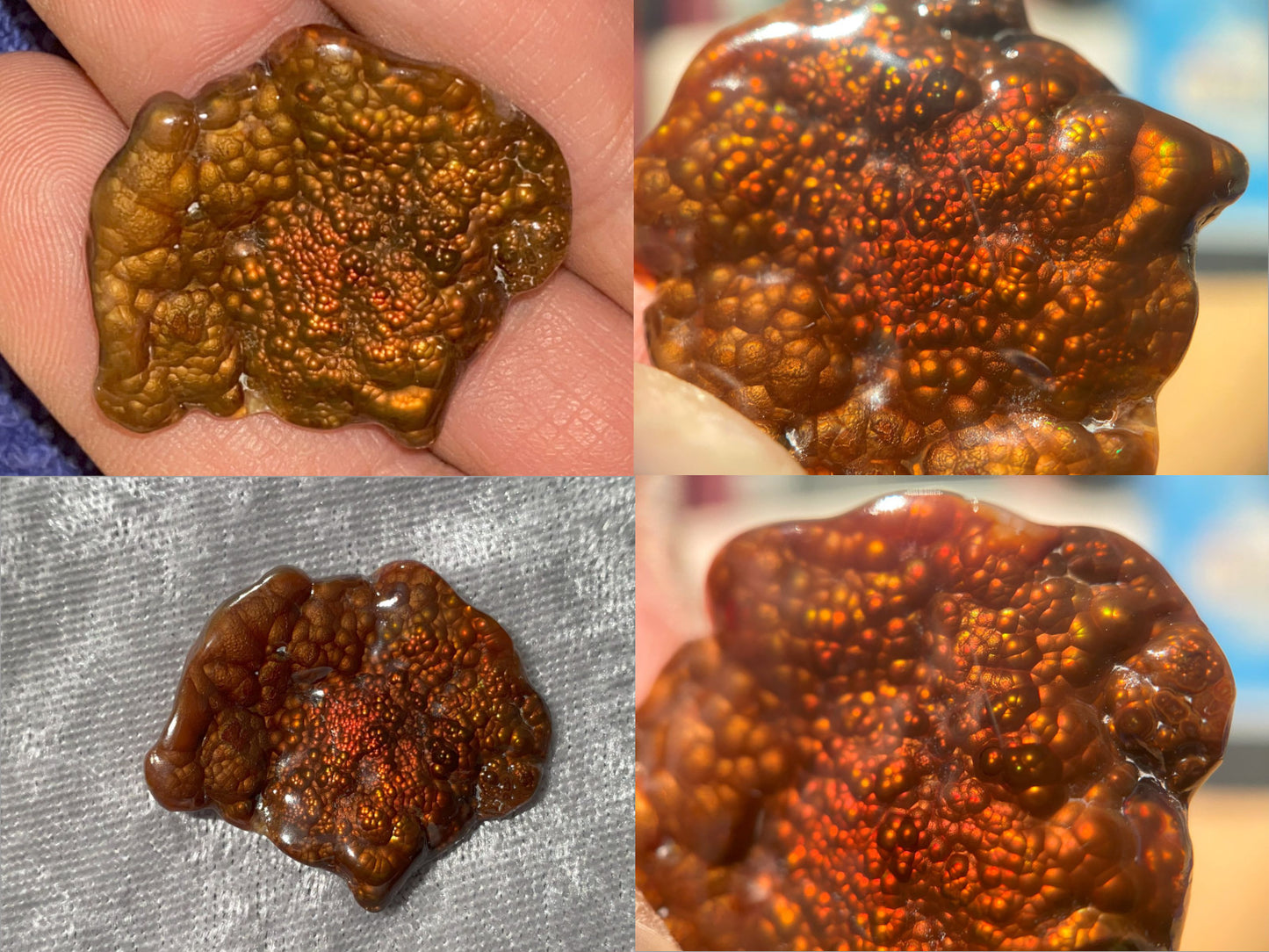 Collage of a Fire Agate Gemstone held by a hand against a blurred background.