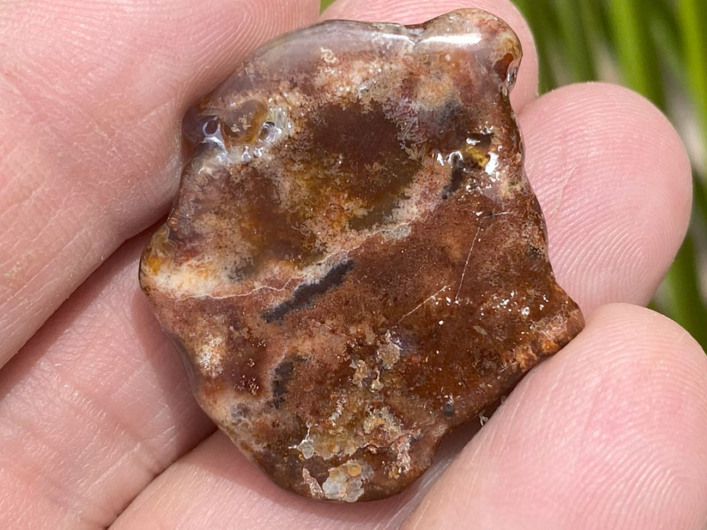 Bottom of a Fire Agate Gemstone held between fingers with a blurred natural background
