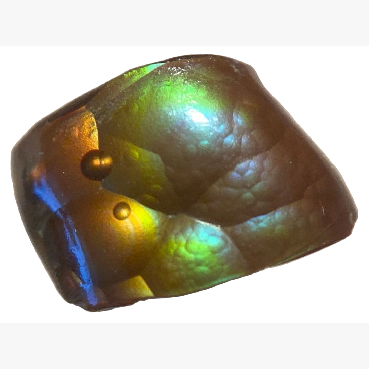 Iridescent Deer Creek Arizona fire agate gemstone with a vivid multicolored surface on a neutral white background