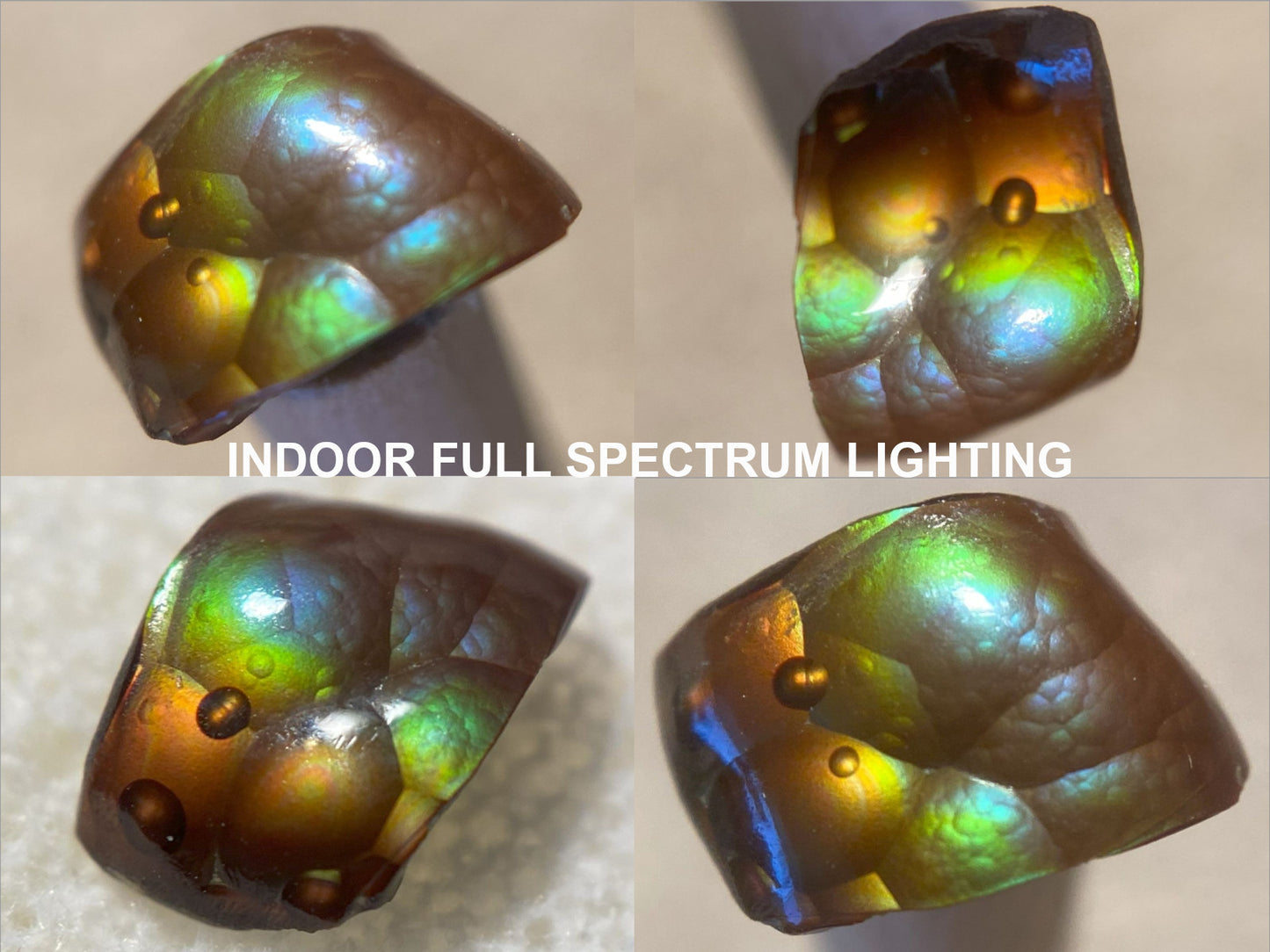 Four views of a colorful Deer CReek fire agate gemstone under indoor full spectrum lighting.