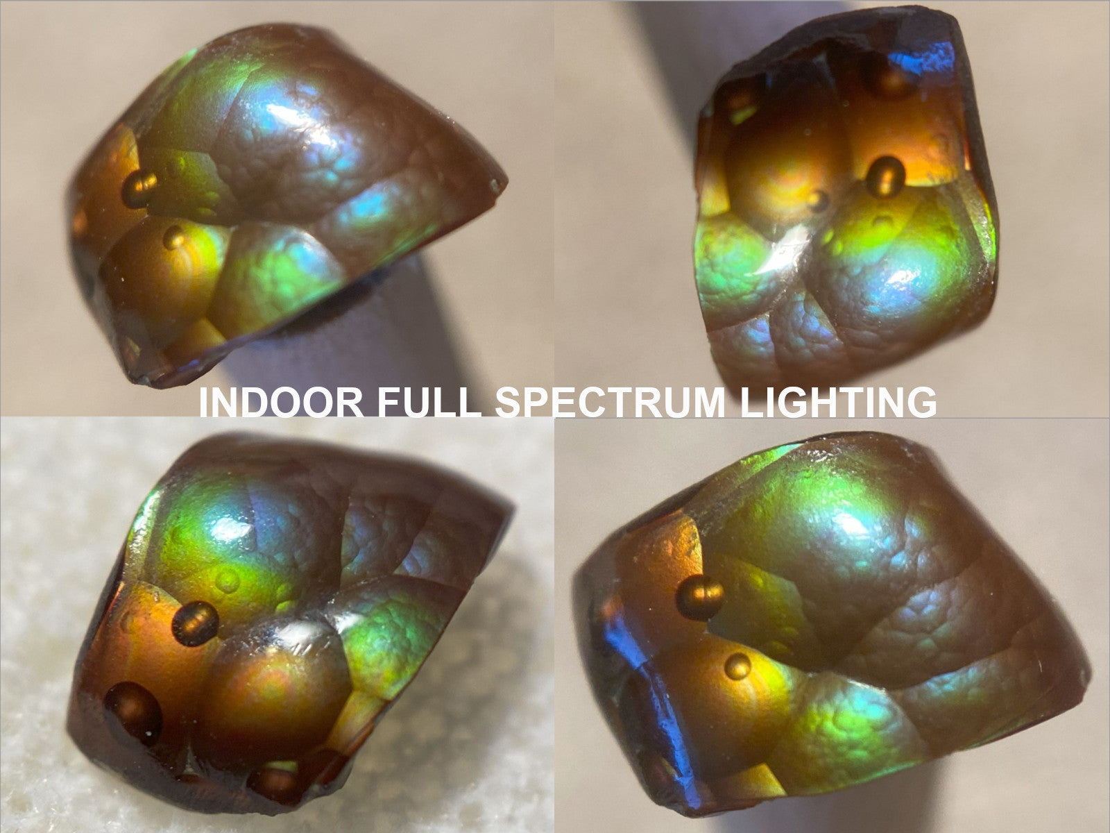 Four views of a colorful Deer CReek fire agate gemstone under indoor full spectrum lighting.