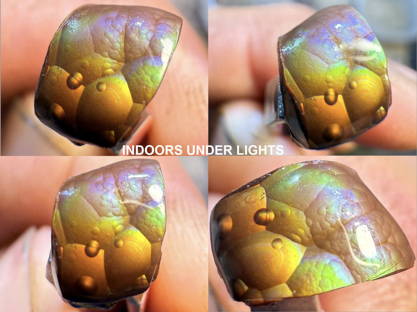 Multicolored gemstone from Deer Creek Arizona held between fingers with 'Indoors Under Lights' text overlay.