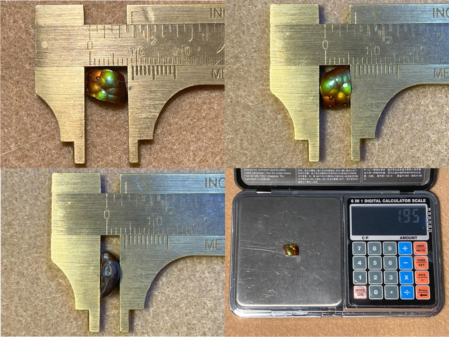 Close-up of a small Deer Creek fire agate gemstone on a digital calculator scale with a ruler for measurement.