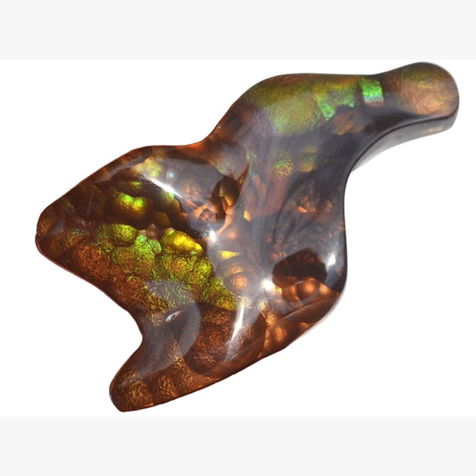 Fire Agate Gemstone from Deer Creek Arizona with iridescent colors on a white background