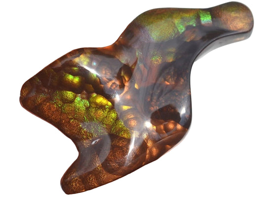 Deer Creek fire agate gemstone with a white background