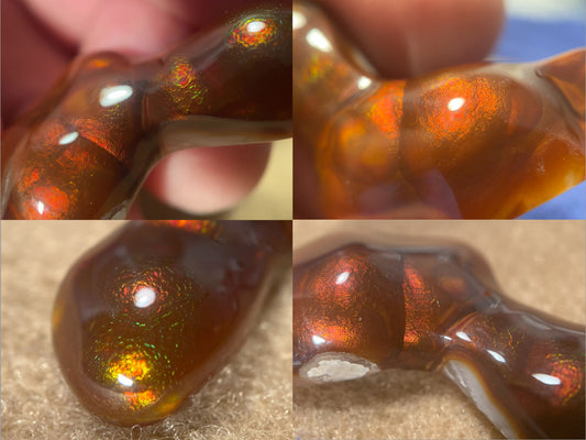 Collage of four images showing Deer Creek fire agate gemstone DCG049.