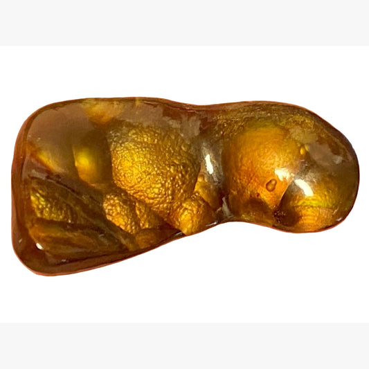 Translucent fire agate gemstone on a white background