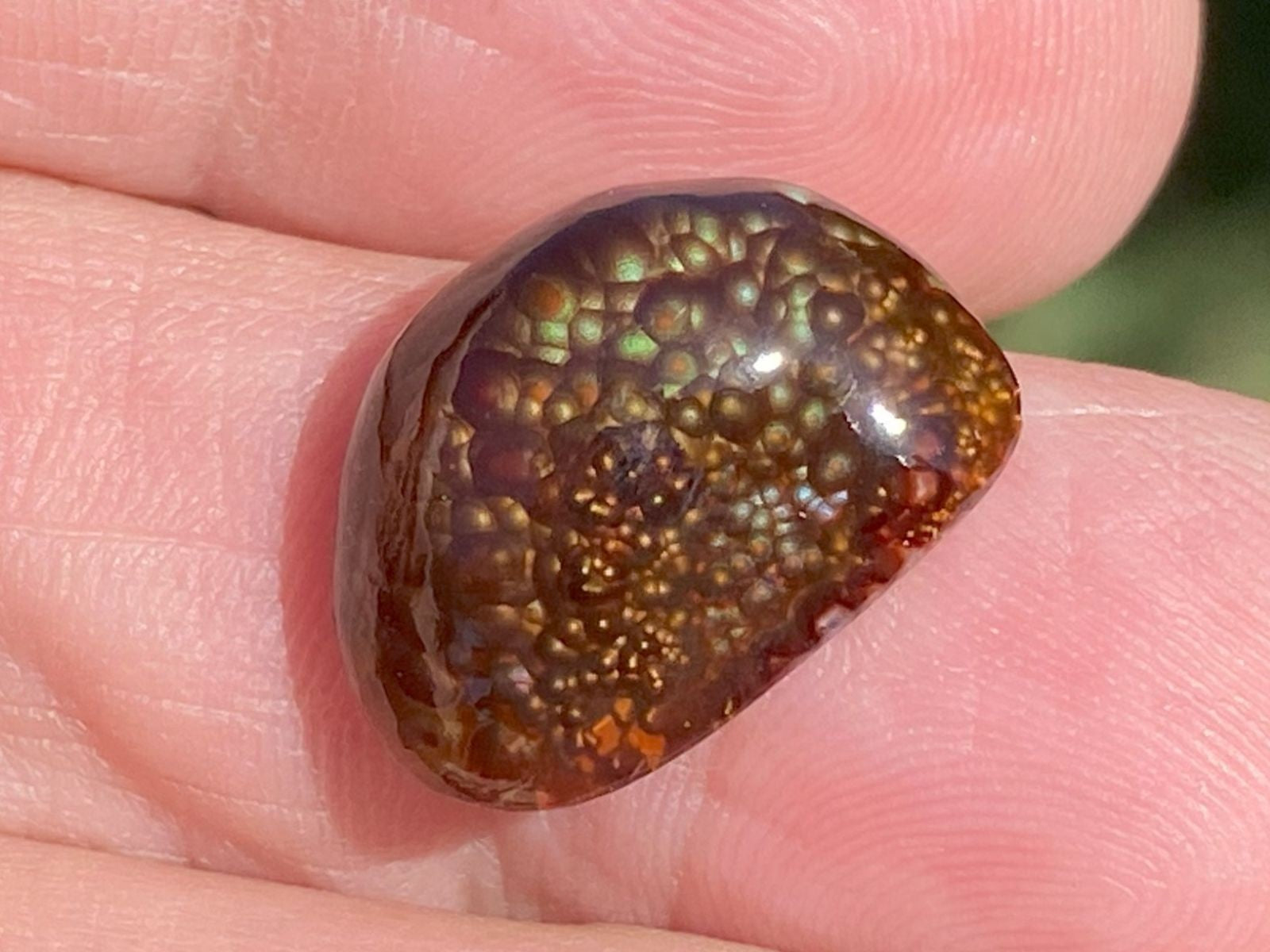Polished Deer Creek Fire Agate Gemstone held between fingers with a blurred background