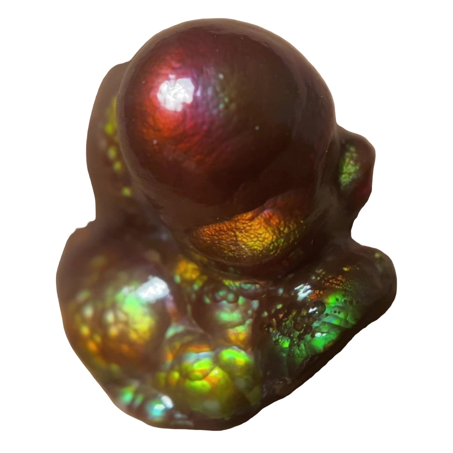 Close-up of a colorful Deer Creek iridescent Fire Agate Gemstone Thumbnail Mineral Specimen on a white background