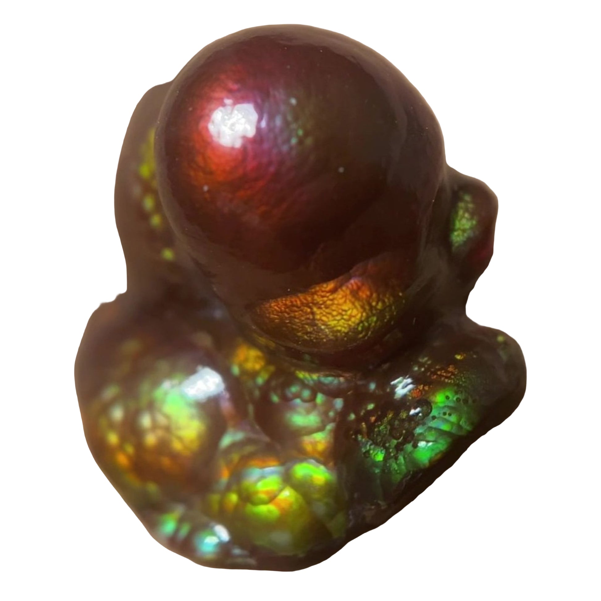 Close-up of a colorful Deer Creek iridescent Fire Agate Gemstone Thumbnail Mineral Specimen on a white background