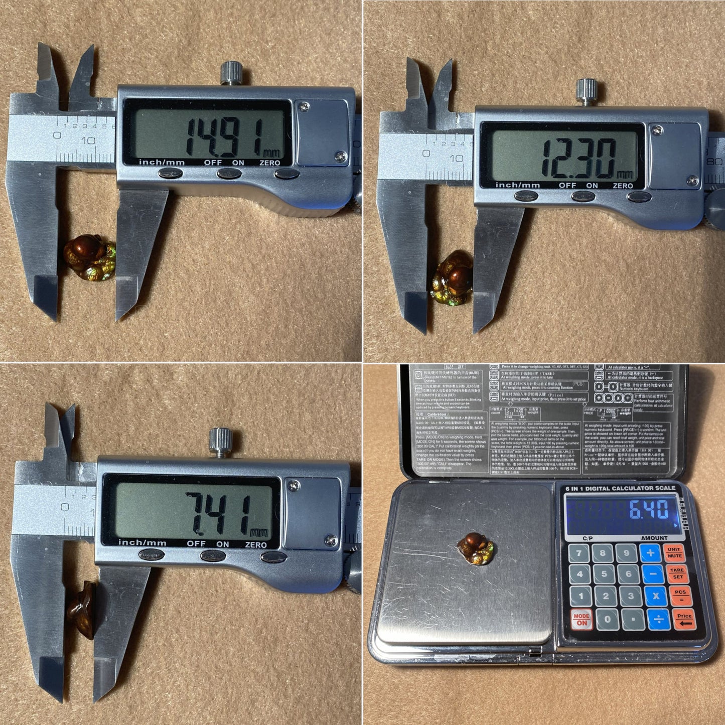Digital caliper measurements of a small gemstone on a brown background
