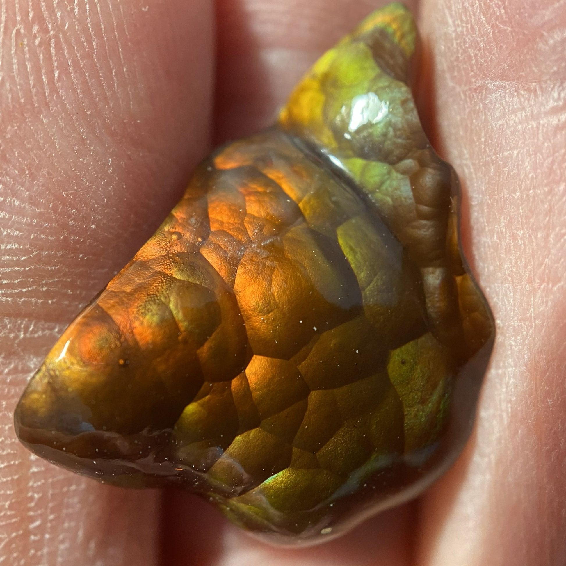 Polished Deer Creek Fire Agate Gemstone held between fingers