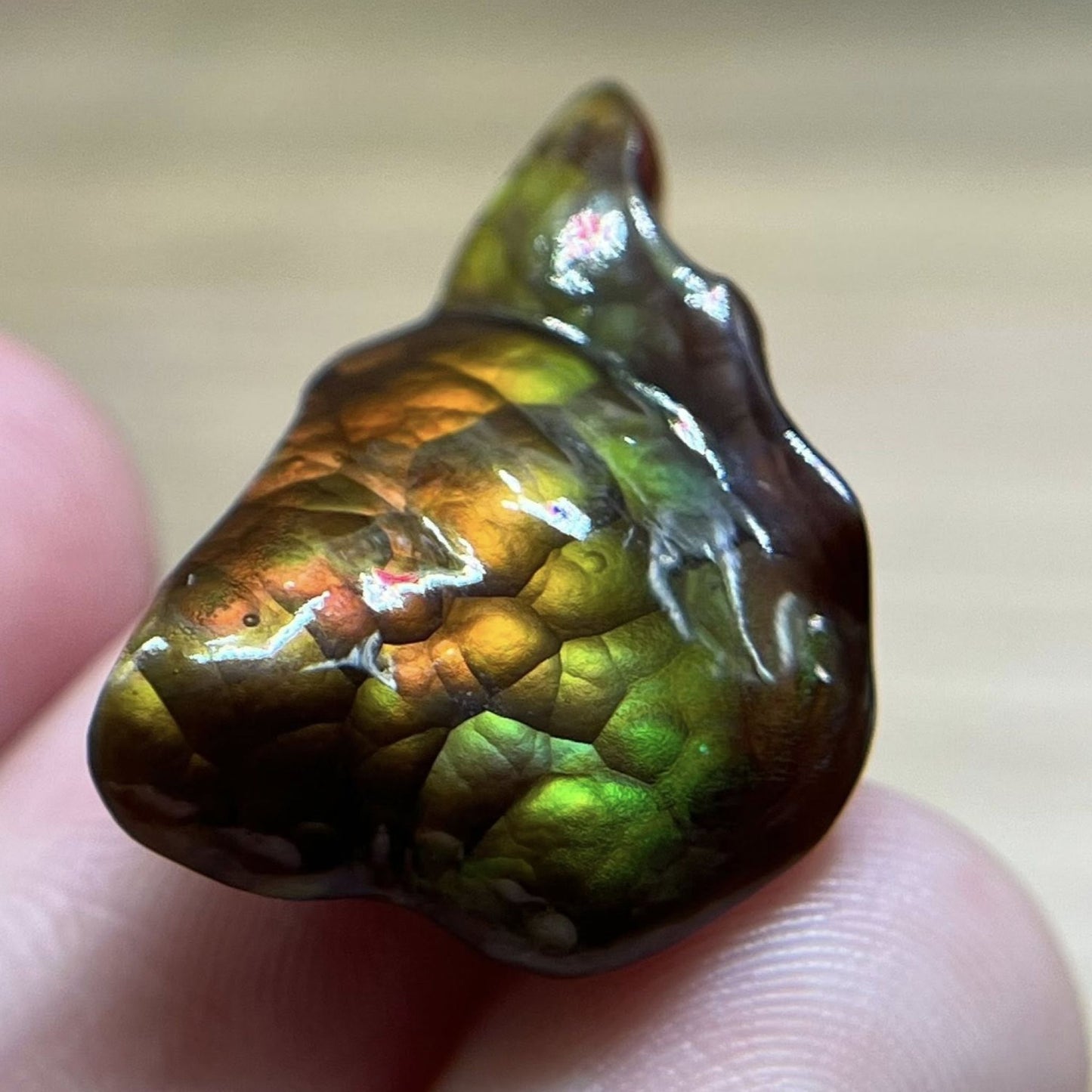 Polished Deer Creek Fire Agate Gemstone held between fingers with a blurred background