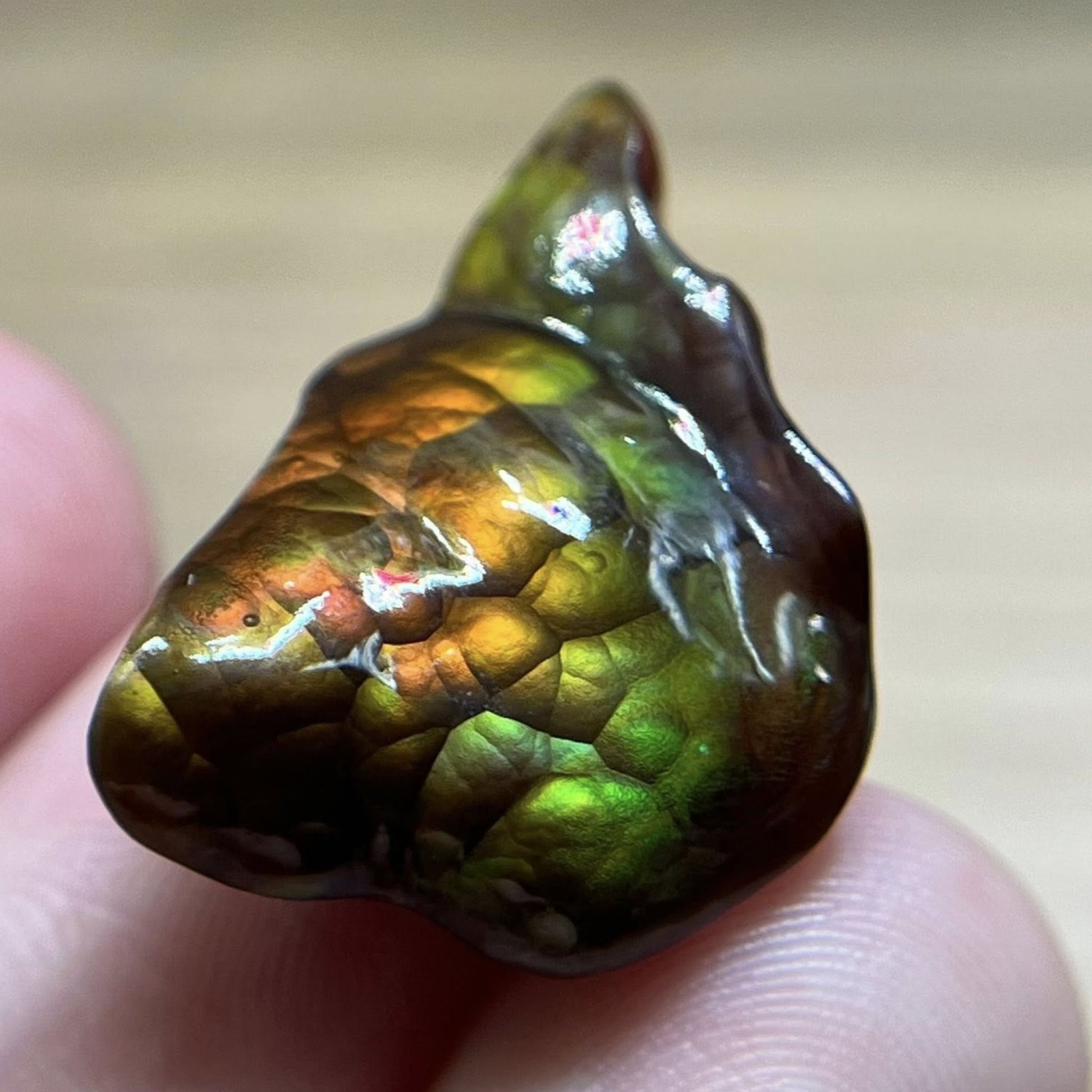 Polished Deer Creek Fire Agate Gemstone held between fingers with a blurred background